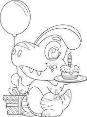 Outlined Funny Dinosaur Cartoon Character Wearing A Party Hat And Holding A Birthday Cake. Vector Hand Drawn Illustration Isolated On Transparent Background
