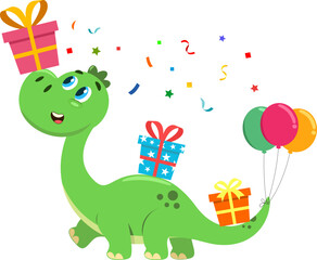 Cute Birthday Dinosaur Cartoon Character Carries On Gift Boxes. Vector Illustration Flat Design Isolated On Transparent Background