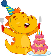 Happy Dinosaur Cartoon Character Is Looking At A Birthday Cake With A Fork And Knife. Vector Illustration Flat Design Isolated On Transparent Background