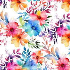 Obraz premium Watercolor tropical flowers and foliage on a white background. Floral texture. Generative AI