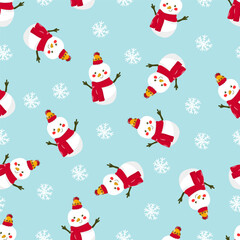 Winter seamless pattern with snowman and snowflakes. On a blue background. Drawn style. Christmas background.