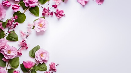 Fototapeta na wymiar Arrière plan floral, fond blanc et fleurs roses, pour carte, invitation - Générative ia