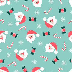 Cute cartoon christmas seamless pattern with santa, candies, snowflakes, and candy cane, on a blue background