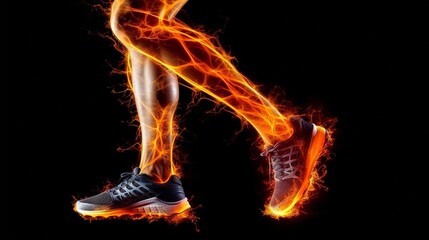 Fototapeta premium Legs of a jogger seen from the side with the blood flowing through them isolated on black. energy and fire