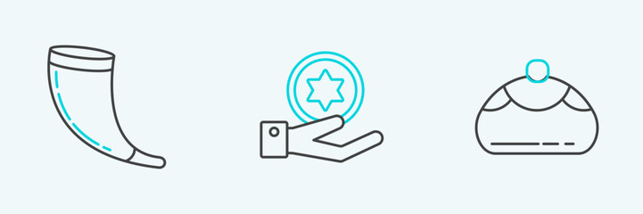 Set line Jewish sweet bakery, Traditional ram horn, shofar and coin hand icon. Vector