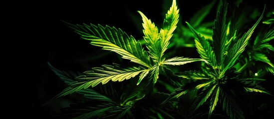 Close-up of a marijuana leaf on a black background with sunlight and a glowing effect. It is a picture