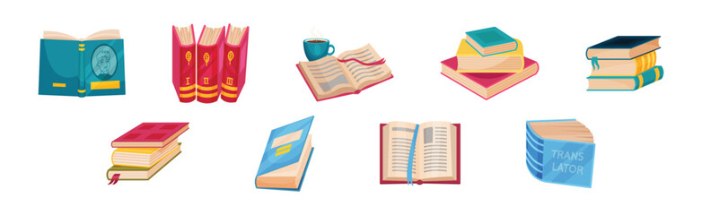 Books in Colorful Hard Cover with Pages Vector Set