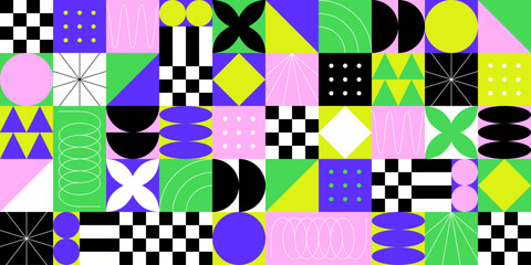 Colorful geometric mosaic seamless pattern illustration with creative abstract shapes. Modern scandinavian style background print. Trendy bright symbol shape texture, geometry collage. © Dedraw Studio
