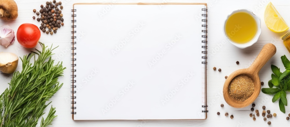 Poster an open recipe book alongside various ingredients is placed on a white wooden table in a flat lay st