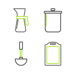 Set line Cutting board, Kitchen ladle, Cooking pot and Measuring cup icon. Vector