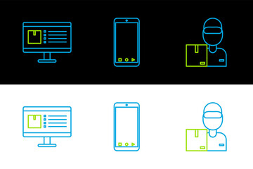 Set line Delivery man with cardboard boxes, Computer monitor app delivery tracking and Mobile phone icon. Vector