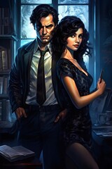 Fototapeta na wymiar Romance Detective Couple Mystery Book Cover Generative AI