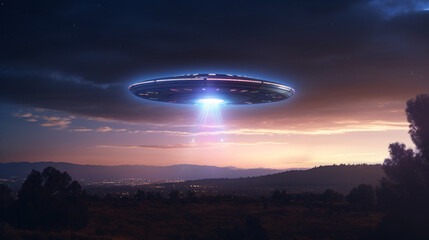 Fototapeta na wymiar Mysterious UFO sighting in the twilight sky emitting an iridescent glow and mesmerizing light patterns