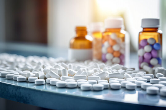 Prescription opioids with many bottles of pills in the background. Concepts of addiction, opioid crisis, overdose and doctor shopping. High quality photo