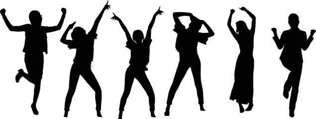 A set of six vector illustrations of a girl dancing in different poses in silhouette. The silhouettes are black on a white background and show the movement and expression of the dancer.