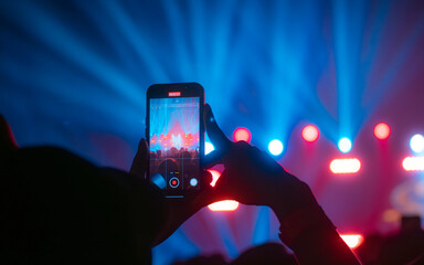 People holding smart phone and recording and photographing in concert , silhouette of hands with...