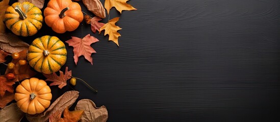 dry leaves and a pumpkin on a blackboard. It is a flat lay view with space to add text. It is suitable