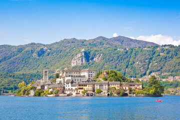 Fototapeta na wymiar The famous St. George Island in the Orta Lake, one of the most famous small italian island (Lombardy and Piemonte region - Italy)