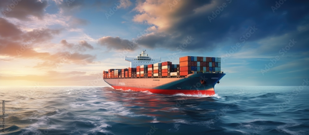 Sticker a large container cargo ship can be seen traveling across the ocean in a front view, with enough spa