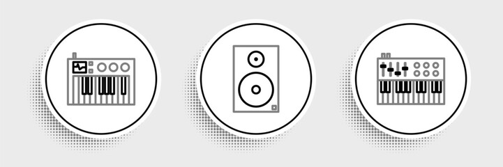 Set line Music synthesizer, and Stereo speaker icon. Vector