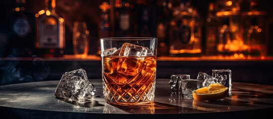 Fototapeta a dark and moody atmosphere with a glass of sophisticated whiskey, including ice cubes, placed on a obraz