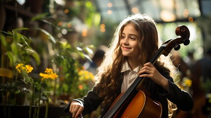 Pretty young lady playing cello while wearing a school uniform.