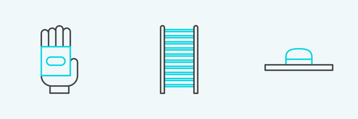 Set line Worker hat, Garden gloves and Wooden staircase icon. Vector