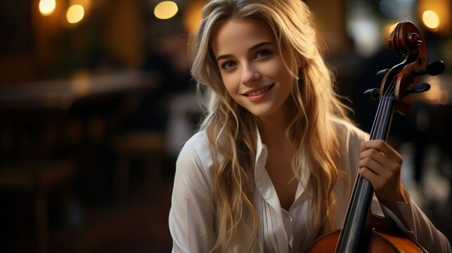 Pretty young lady playing cello while wearing a school uniform.