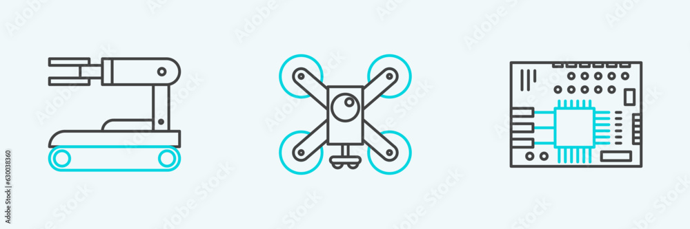 Poster set line printed circuit board pcb, robot and drone flying with action camera icon. vector