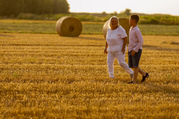 Naklejka na ściany i meble Grandmother walking on meadow with her grandson. Relaxing and joying in sunset. 