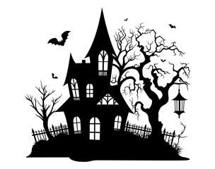 Halloween illustration with silhouette of house and dead trees, bats. Vector illustration.