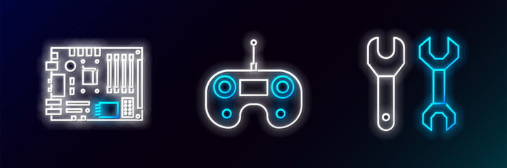 Fototapeta premium Set line Spanner, Electronic computer components motherboard digital chip and Remote control icon. Glowing neon. Vector