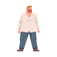 Full Bearded Man Character with Plump Body Standing and Smiling Vector Illustration