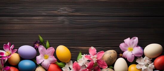 Colorful Easter eggs and spring flowers are arranged in a top view with a bottom border, against a dark