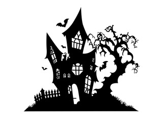 Halloween illustration with silhouette of house and dead trees, bats. Vector illustration.