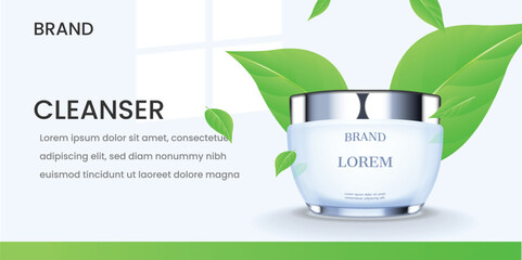 Fototapeta na wymiar Facial cream with green leaves. cosmetic ad