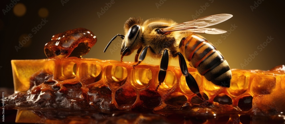 Poster the view of a bee eating honey with its tongue can be seen through several pieces of honeycomb
