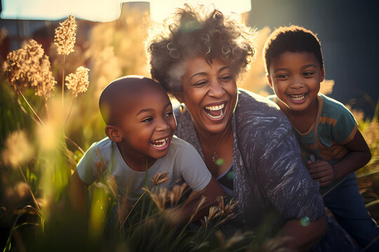 Elderly Senior Black African American Grandmother Playing With Her Grandchildren