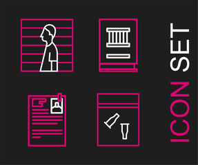 Set line Evidence bag and bullet, Lawsuit paper, book and Suspect criminal icon. Vector