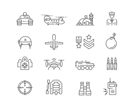 Military Icon collection containing 16 editable stroke icons. Perfect for logos, stats and infographics. Edit the thickness of the line in any vector capable app.