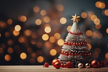 christmas tree with decorations blue background Blurred Shiny Lights, some blurry space for text 