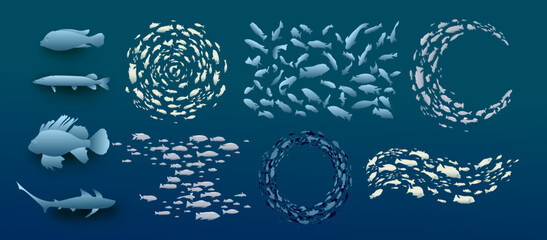 School of fish silhouette underwater flow set. Simple concept vector illustration. Blue flock fish. Logo template design.