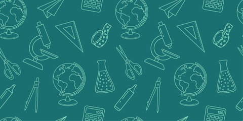 Seamless school pattern with school supplies in a linear style on a green background