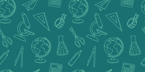 Seamless school pattern with school supplies in a linear style on a green background