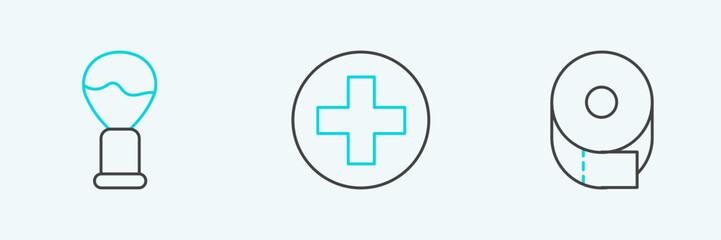 Set line Toilet paper roll, Shaving brush and Cross hospital medical icon. Vector
