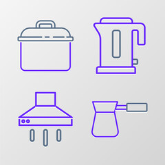 Set line Coffee turk, Kitchen extractor fan, Electric kettle and Cooking pot icon. Vector