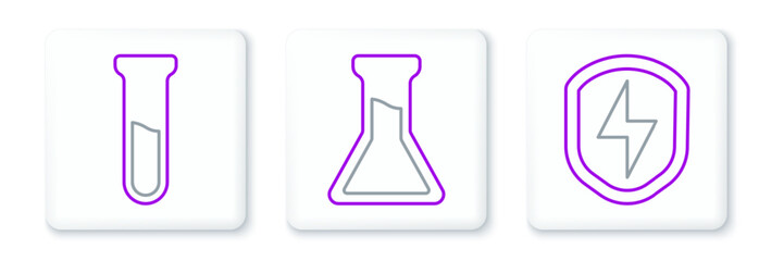 Set line Secure shield with lightning, Test tube and flask and icon. Vector
