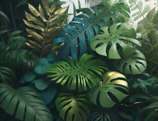 Fototapeta na wymiar Visual depiction of a floral arrangement composed of tropical green leaves from plants like Monstera, fern, and Eucalyptus, accented with gold glitter particles. Created with generative AI tools