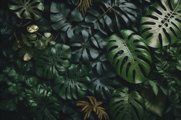 Fototapeta na wymiar Picture featuring a bush of tropical green foliage plants such as Monstera, fern, and Eucalyptus leaves, highlighted with gold glitter particles. Created with generative AI tools
