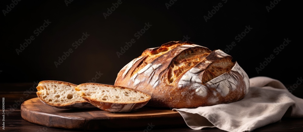 Poster freshly baked artisan sourdough bread, sliced and placed on a black background with copy space avail